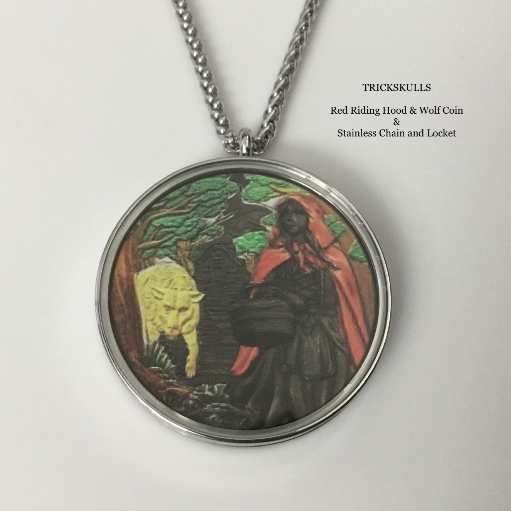 Red Riding Hood Wolf Grimm Enamel Coin Stainless Locket Custom Wheat Link Chain